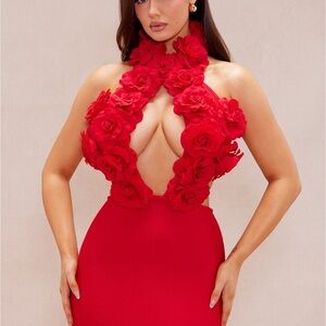 Elegant Red Floral Halter Dress